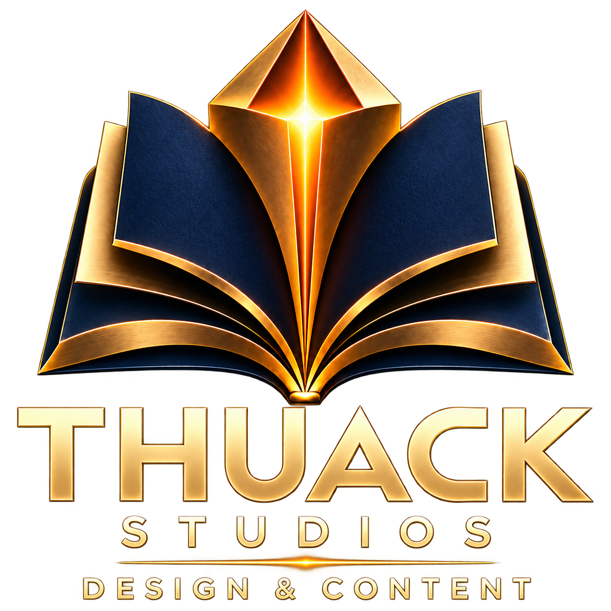 THUACK Studios – Design & Content. Offene Buchseiten mit einem goldenen Lichtportal.